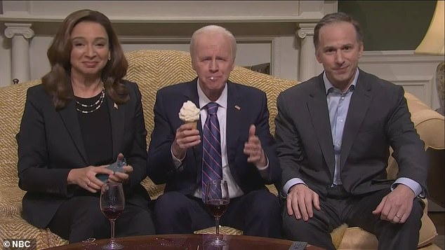 The sketch ended with Carvey's Joe Biden, center, wandering around on a complete ice cream cone, sitting between Rudolph's Harris and Samberg's Emhoff