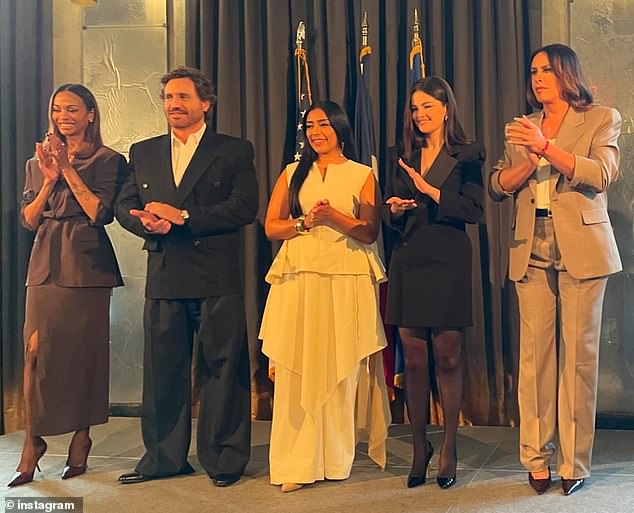 Most recently, Gomez and Saldana, as well as the rest of the cast, were honored with the Ordre des Arts et des Lettres at Villa Albertine – the French Institute of Culture and Education – in New York; Zoë seen on the far left