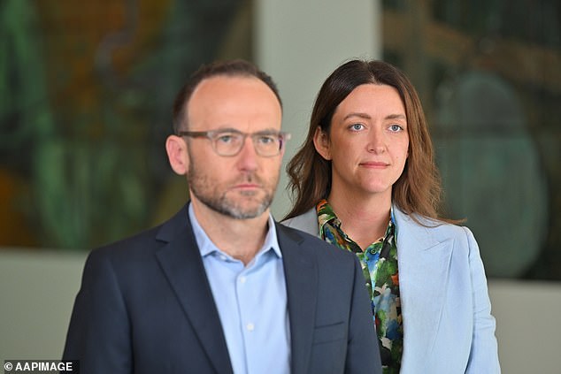 Greens leader Adam Bandt (pictured left with Greens senator Steph Hodgins-May) has so far dodged questions about Senator Cox and the bullying claims