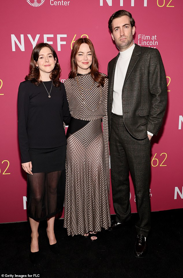 She was accompanied at the screening by her husband, who looked dapper in a dark gray tweed suit paired with a white turtleneck. On the red carpet, the stylish couple posed for a photo with their fellow co-producer Ali Herting