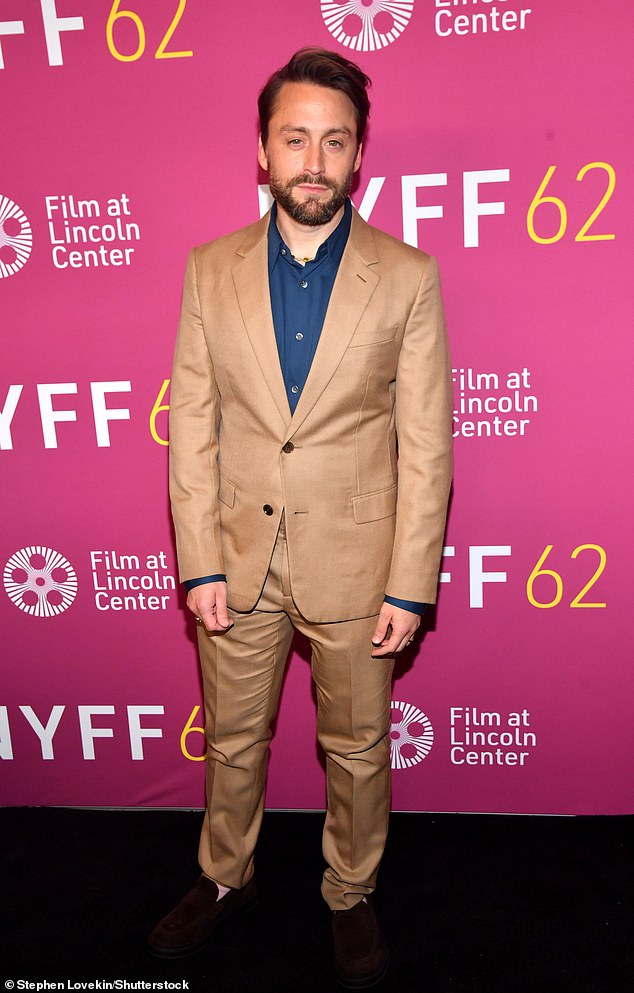 Kieran Culkin, 42, was also spotted at the premiere in a stylish brown suit paired with a navy blue button-down and dark brown shoes