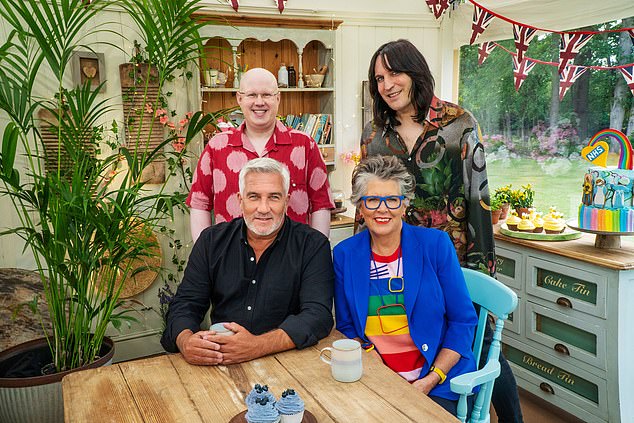 The TV star, 66, co-hosted the show from 2017 to 2020, where she co-presented with comedian Noel Fielding (seen with judges Prue Leith and Paul Hollywood)