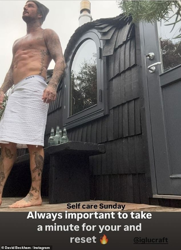 The former footballer, 49, took to his Instagram Stories to share a glimpse of his day of relaxation, snapping selfies of him stripped down to his underwear and with a towel tied around his waist.