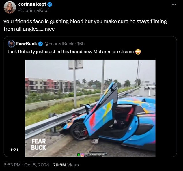 The wave of criticism comes after other influencers criticized Doherty for making it clear his primary concern was the condition of his car and allowing his injured friend to film the contents of the wreck.