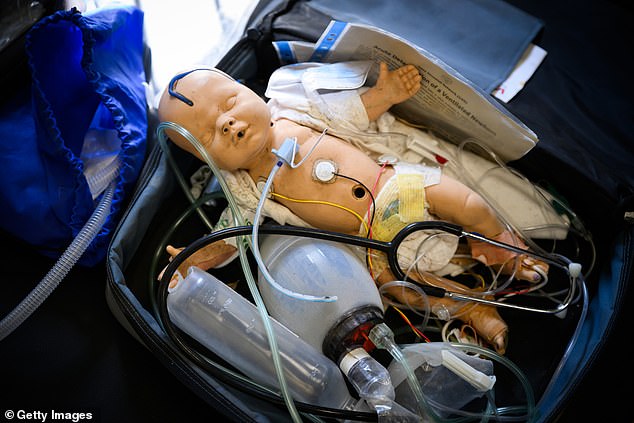 A Hamas medical kit specifically for child care is seen during an exhibition by the IDF of recovered weapons, vehicles and equipment