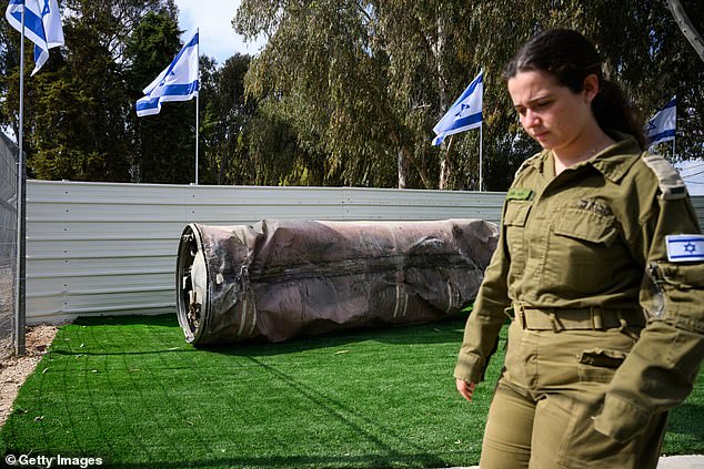 The remains of an intercepted Iranian missile are on display at an IDF exhibition