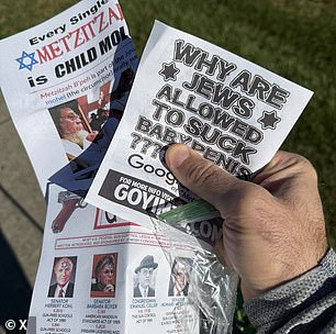 Three flyers pictured here contain vulgar conspiracy theories and claims that Jewish leaders have pushed for gun control