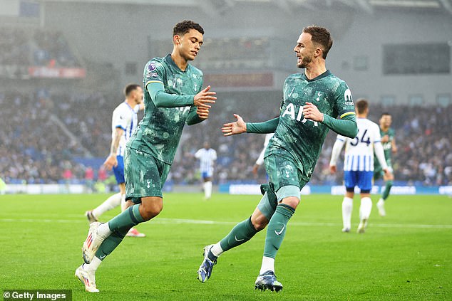 Spurs led 2-0 thanks to goals from Brennan Johnson (left) and James Maddison (right)