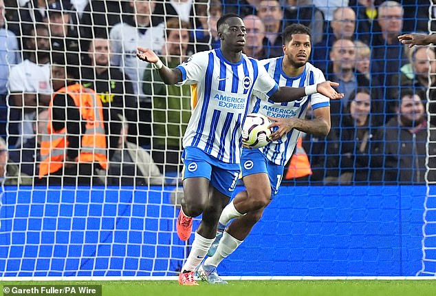 Yankuba Minteh (left) started Brighton's comeback by scoring their first goal after 48 minutes