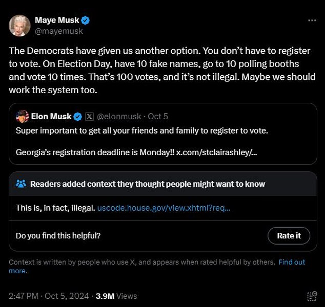 Maye Musk, 76, appeared to urge supporters of Donald Trump to commit blatant voter fraud by using fake names and voting multiple times. A comment from the Twitter community, a feature Musk installed after purchasing the social media platform, immediately shut her down