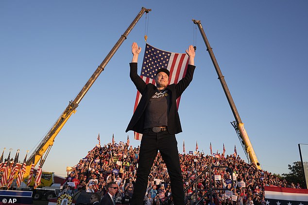 Tesla boss Elon Musk was seen jumping on stage with his fists in the air as he joined Donald Trump to address his supporters at the Butler Farm Show in Pennsylvania