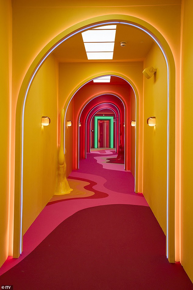 The trippy theme continues into the hallways with angular door frames and paint drips