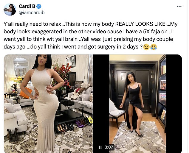 'You really need to relax. This is what my body REALLY LOOKS like,” she tweeted. 'My body looks exaggerated in the other video because I have a 5X faja [girdle] on 'I want you to think with your brains'