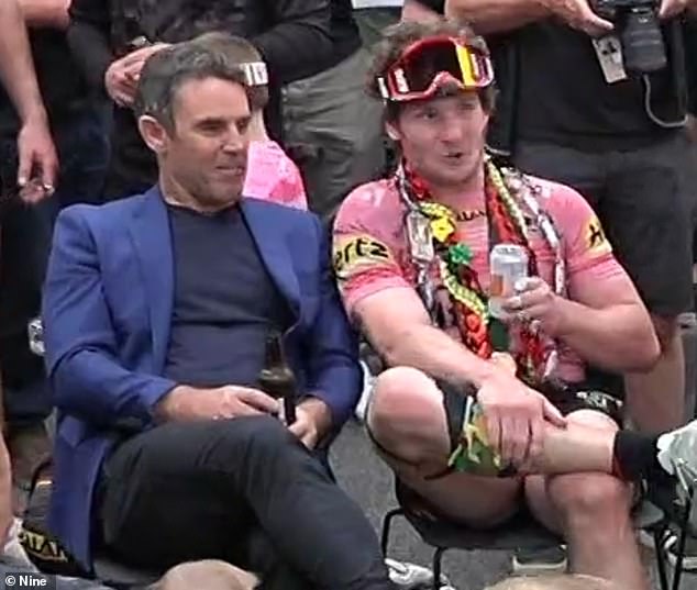 The Penrith legend disappeared on Nine's broadcast and popped up enjoying a beer with Liam Martin (pictured) when he was due to interview players on camera