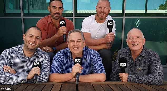 Gibbs (pictured bottom right with his fellow football commentators at the ABC) stopped working with Hadley more than twenty years ago when the pair fell out