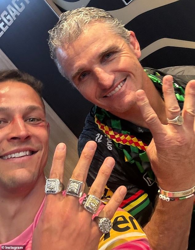 Scott Sorensen (pictured left with coach Ivan Cleary) also showed off a handful of diamonds after the team's fourth consecutive premiership