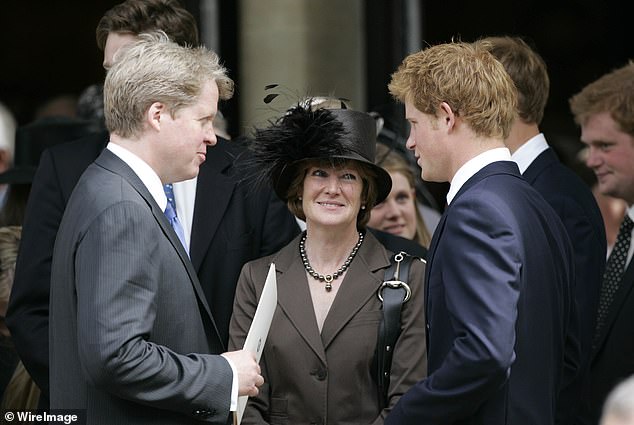 Harry talks to his aunt and uncle after the service to celebrate Princess Diana's life in August 2007