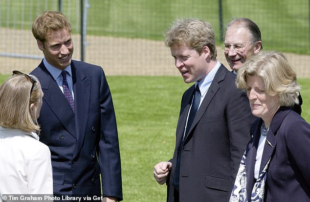 Prince William, Charles Spencer and Lady Jane talk to Kathryn Gufstafson, designer of the Diana, Princess of Wales memorial fountain in Hyde Park