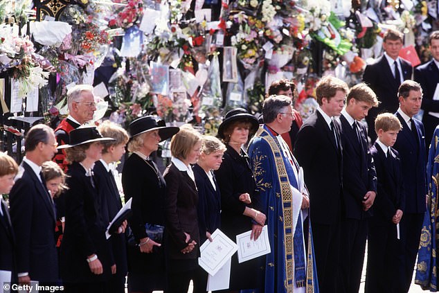 Charles Spencer stands next to William and Harry, with his sisters and mother, Frances Shand Kydd, nearby at Diana's funeral in 1997