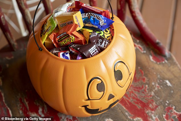 A plastic pumpkin filled with candy for children on Halloween (stock image)