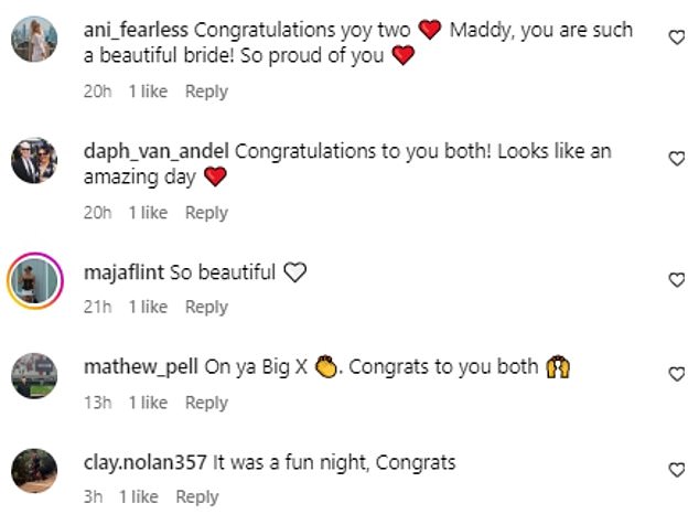 Tristan's followers flocked to the comments of his wedding announcement, congratulating the AFL player and his new wife on their union