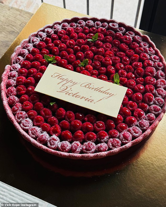 Vick was also treated to a huge cake, decorated with lots of fresh raspberries and dusted with icing sugar