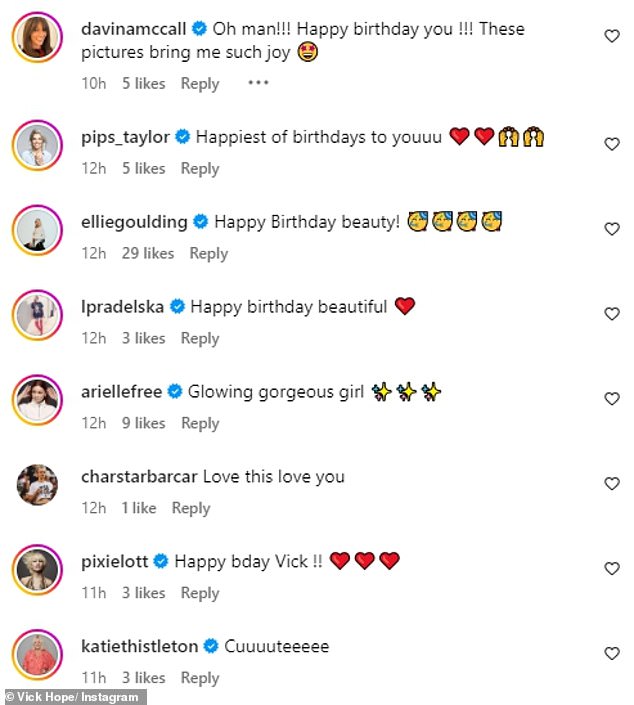 Her post was met with a flood of birthday messages from her fans and showbiz friends, including Davina McCall, Ellie Goulding and Pixie Lott