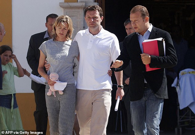 Kate and Gerry McCann, the parents of missing three-year-old girl Madeleine McCann, stop to talk to the press after attending a church service in Praia da Luz