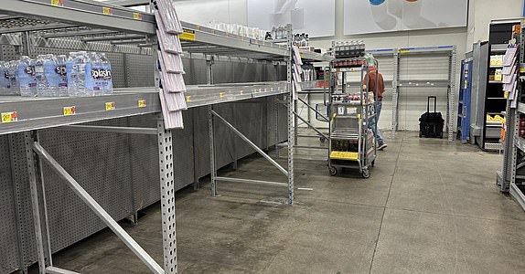 Empty shelves at the Walmart on Cattlemen Road in Sarasota Monday morning as residents stock up on water and supplies in anticipation of Hurricane Milton.