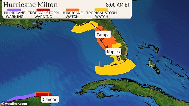 Tampa and Orlando are in a “Hurricane Watch” area