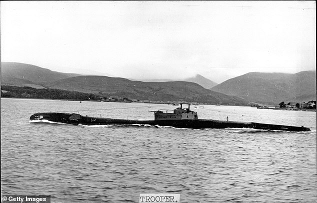 Archive image shows British Royal Navy Submarine HMS Trooper at sea, date not stated