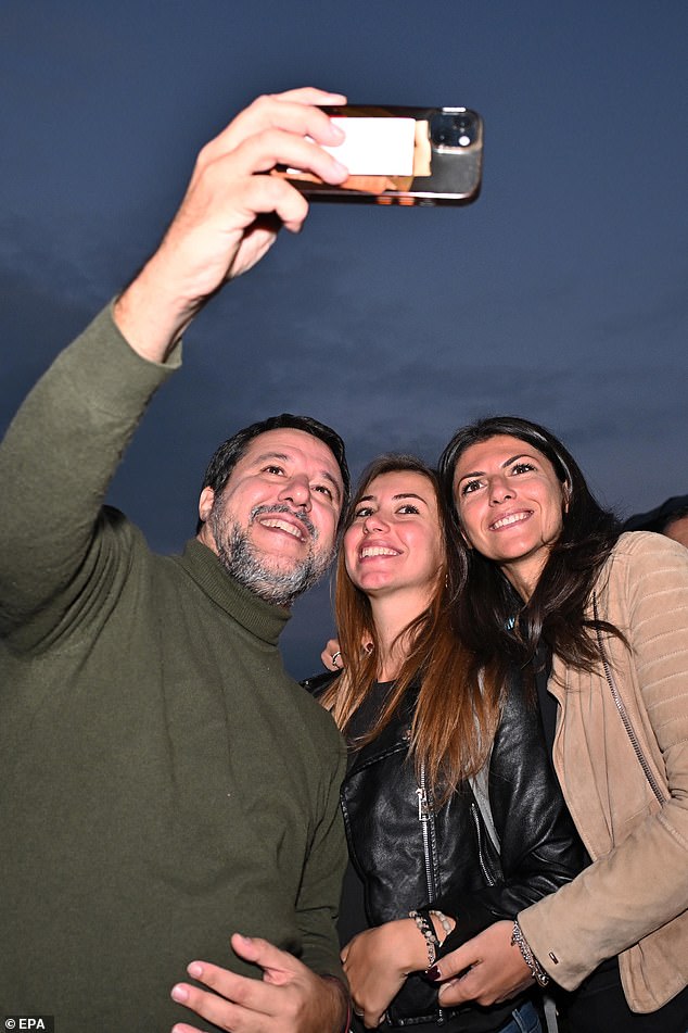 Salvini poses for a selfie with two young supporters. The rise of far-right parties across Europe has been driven in part by the support of young people across the continent