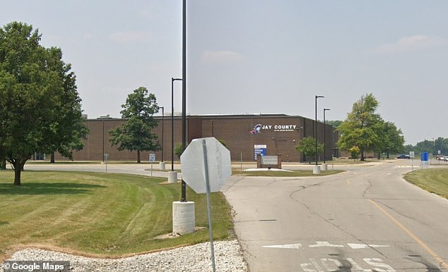 A student reported to police that during a sixth period at Jay County Junior-Senior High School (pictured) on April 9, Bowers had his hand under his desk and appeared sweaty.