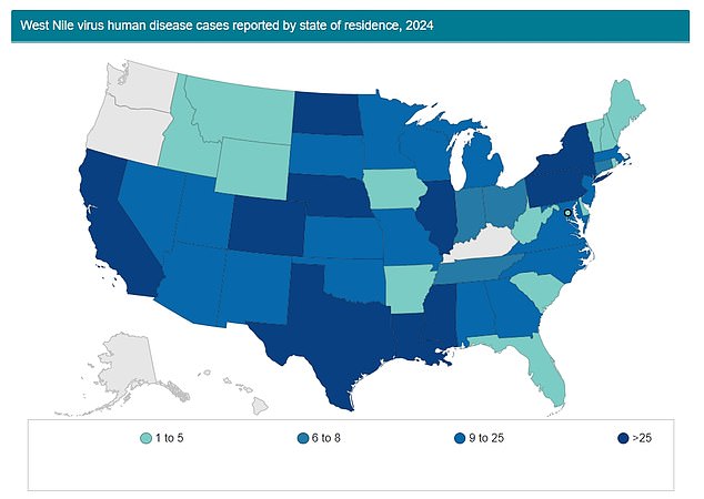 The above shows where West Nile Virus has been detected in the United States