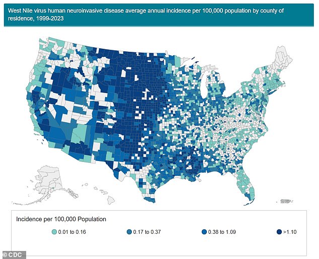 The above shows where patients with West Nile virus developed the more severe neuroinvasive West Nile virus disease between 1999 and 2023