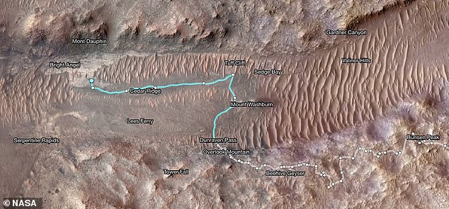 The path to 'Atoko Point' near 'Bright Angel' in the Jezero crater on Mars