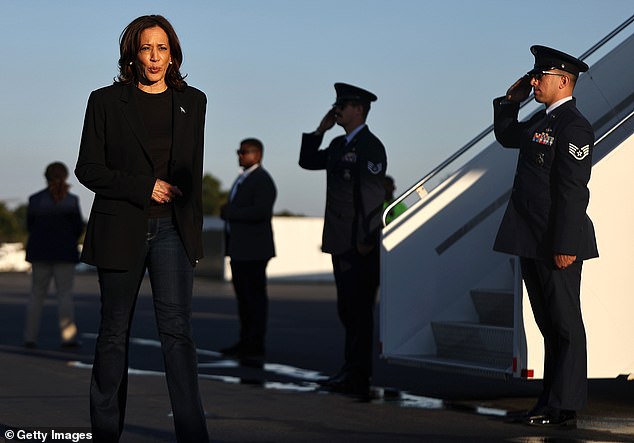 Democratic presidential candidate Vice President Kamala Harris after assessing the Hurricane Helene recovery response at an Air National Guard base in North Carolina on October 5, 2024. Republican Cory Mills wrote a letter to Biden condemning him and Harris for the “photo ops” that lawmakers said “delayed” rescue efforts