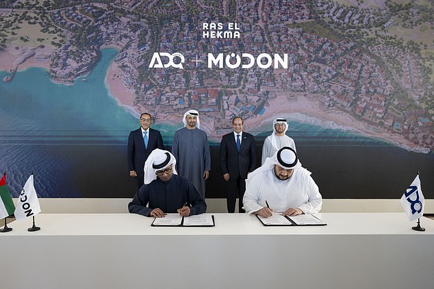 In the presence of President His Highness Sheikh Mohamed bin Zayed Al Nahyan (back row, second from left), and His Excellency Abdel Fattah El-Sisi, President of the Arab Republic of Egypt (back row, second from right), ADQ, a De in Abu Dhabi-based investment and holding company has appointed Modon Holding PSC as master developer for the Ras El Hekma mega project