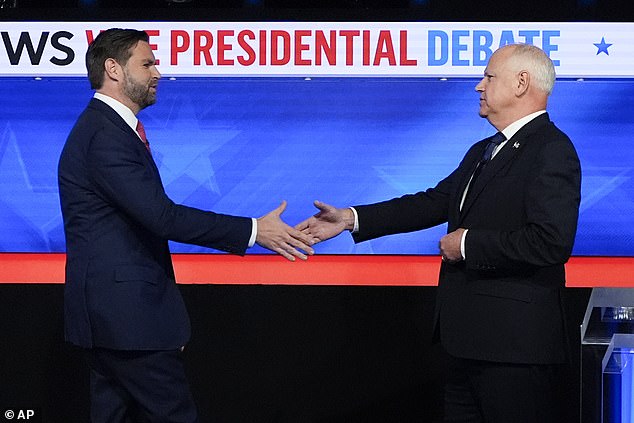 The latest results come after Trump's running mate Senator JD Vance (left) was seen as the clear winner of the debate against Minnesota Governor Tim Walz (right) last week.