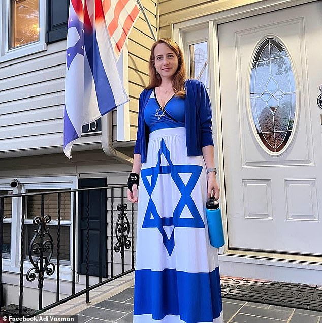 Dr. Adi Vaxman, pictured outside her New Jersey home, wearing an Israeli flag dress