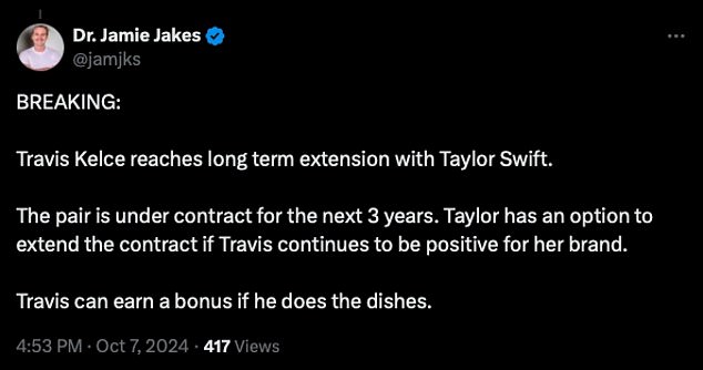 Another humorously added, “BREAKING: Travis Kelce reaches long-term extension with Taylor Swift. The pair are under contract for the next three years