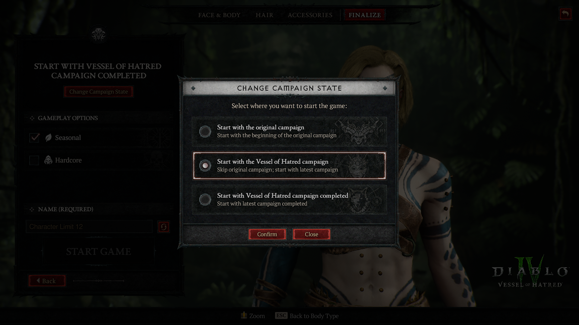 A Change Campaign Status screen with the additional option to skip the Vessel of Hatred campaign