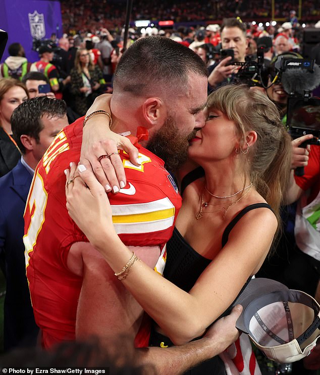 Swift has been dating Chiefs star Travis Kelce, 35, for more than a year; pictured in February after the Chiefs Super Bowl win