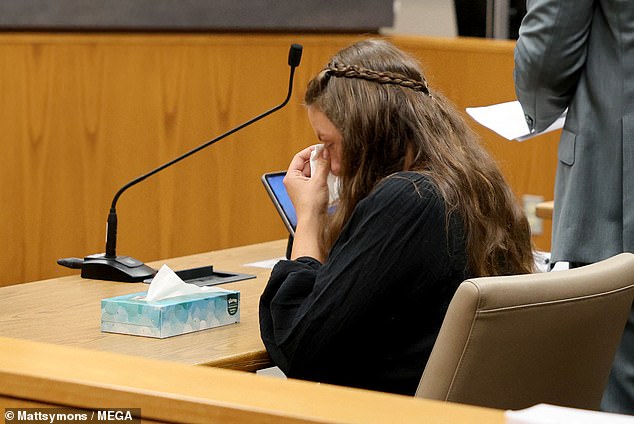 The text messages became so spicy that the former teacher hung her head in shame when they were read out in court on Monday. She is pictured at an earlier hearing