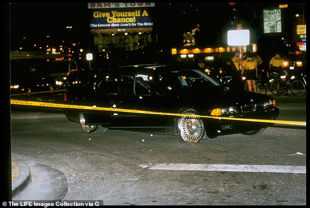 Tupac's murder occurred on September 13, 1996, when he was shot on the Las Vegas strip (pictured) in a car driven by Suge Knight.