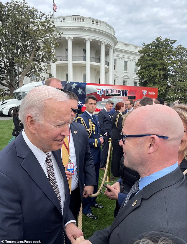 Teamsters general president Sean O'Brien meets with President Joe Biden in April 2022. The union members were fans of Biden but appear less enthusiastic about Harris