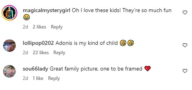 Fans took to the comments section amused by Adonis' cheeky hand gesture. They wrote: 'Adonis with his signature pose' and 'Adonis is my kind of child'