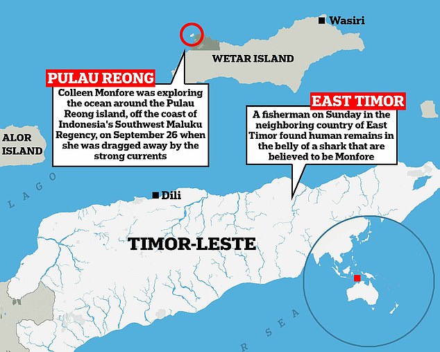 Monfore was diving with six friends and a guide in Pulau Reong when a strong current swept her away around 9am local time on September 26.