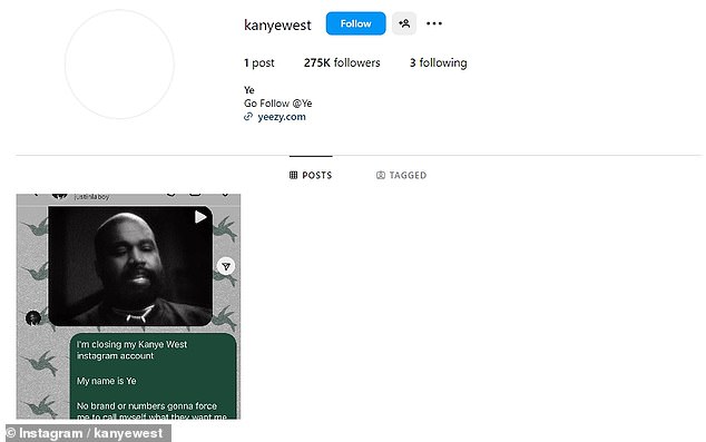 Kanye has also once again deleted all images from his account except one, which was posted on February 28