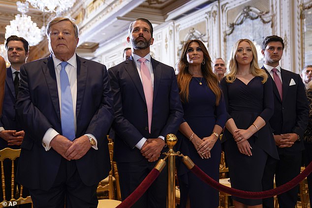 In more recent years, Melania's father Victor Knavs (left) has supported former President Donald Trump at political events. He is photographed alongside (from left) Donald Trump Jr., Kimberly Guilfoyle, Tiffany Trump and Michael Boulos after the ex-president was indicted in April 2023